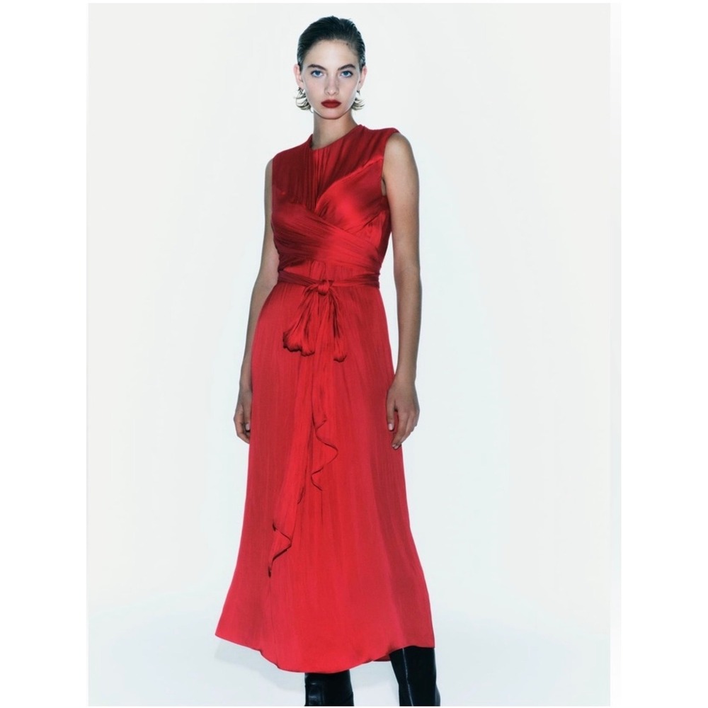 Zara Red Wrap Scarf Maxi Dress Sleeveless Satin Finish 8573/128/600 Size S NWT